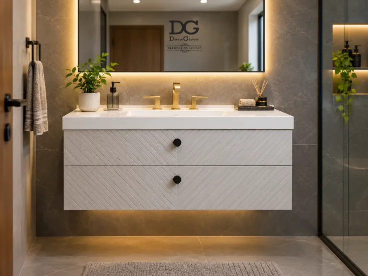 Floating wall-mounted bathroom vanity in small Indian bathroom