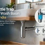 Chrome bottle trap and wall pipe under a floating wash basin vanity in a bathroom