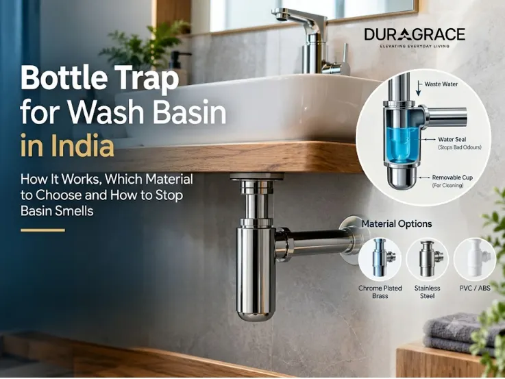 Chrome bottle trap and wall pipe under a floating wash basin vanity in a bathroom