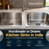 Handmade stainless steel kitchen sink with square corners beside a drawn sink with rounded corners