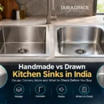 Handmade stainless steel kitchen sink with square corners beside a drawn sink with rounded corners