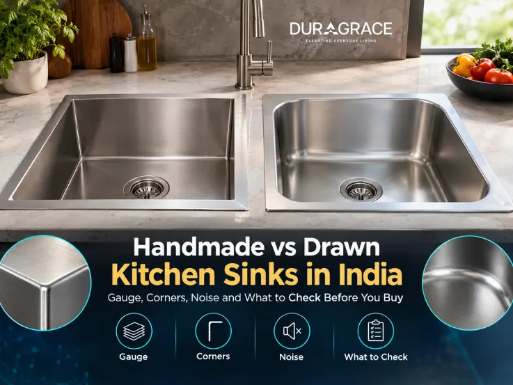 Handmade stainless steel kitchen sink with square corners beside a drawn sink with rounded corners