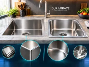 Diagram showing how deep drawing stretches stainless steel and thins the corners of a pressed kitchen sink